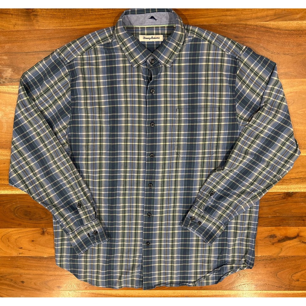 Tommy Bahama Mens Large Blue Green Plaid Cotton Silk Blend Button Down Shirt